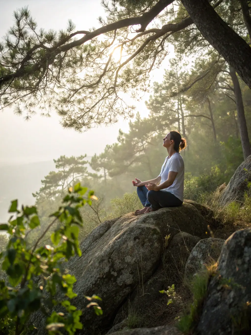 A close-up shot of a man meditating outdoors, with a serene expression on his face. The background is blurred, emphasizing his focus and inner peace.