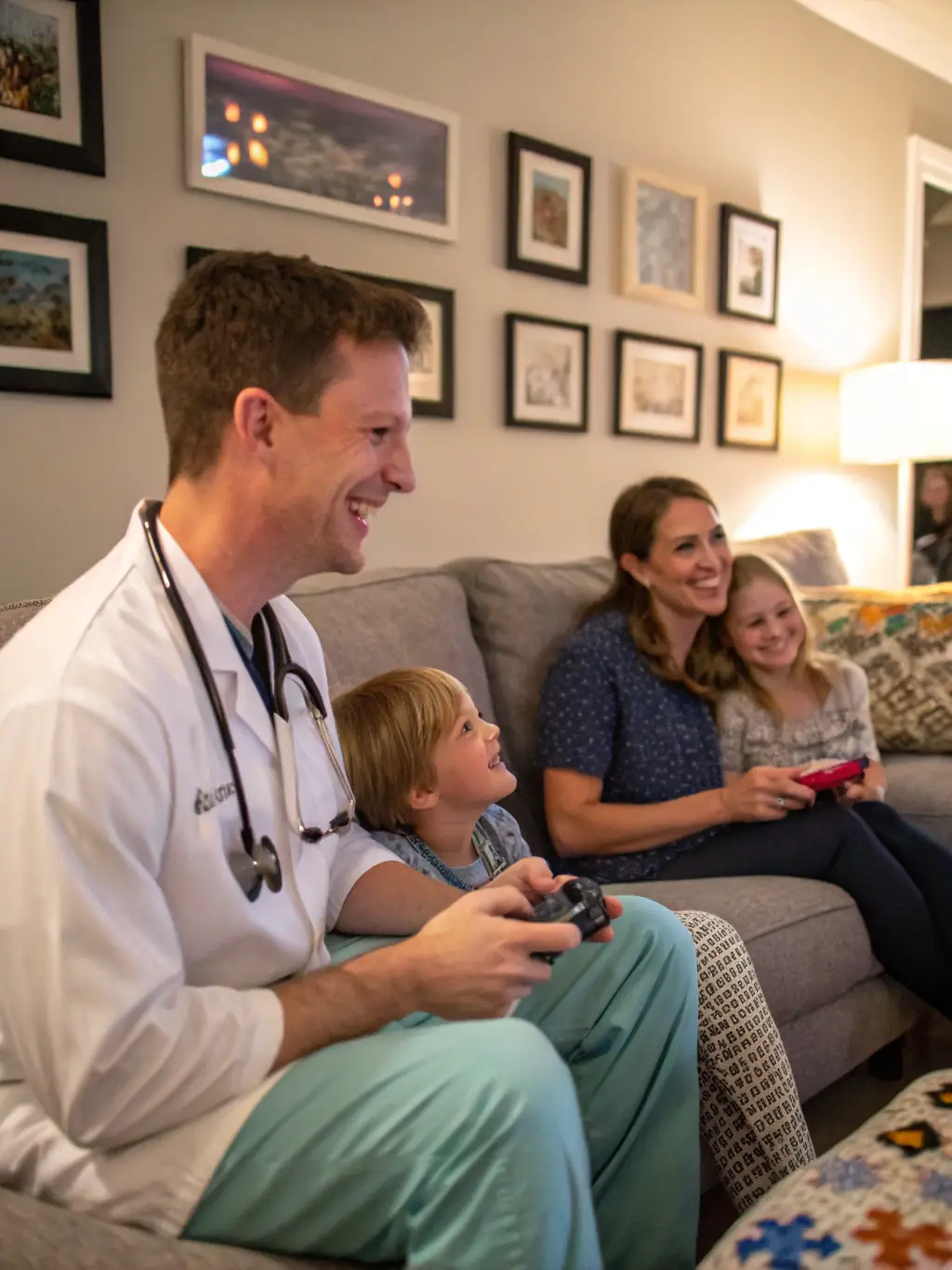 A photo of a man spending quality time with his family, laughing and enjoying each other's company. The scene is warm and inviting, showcasing strong family bonds.