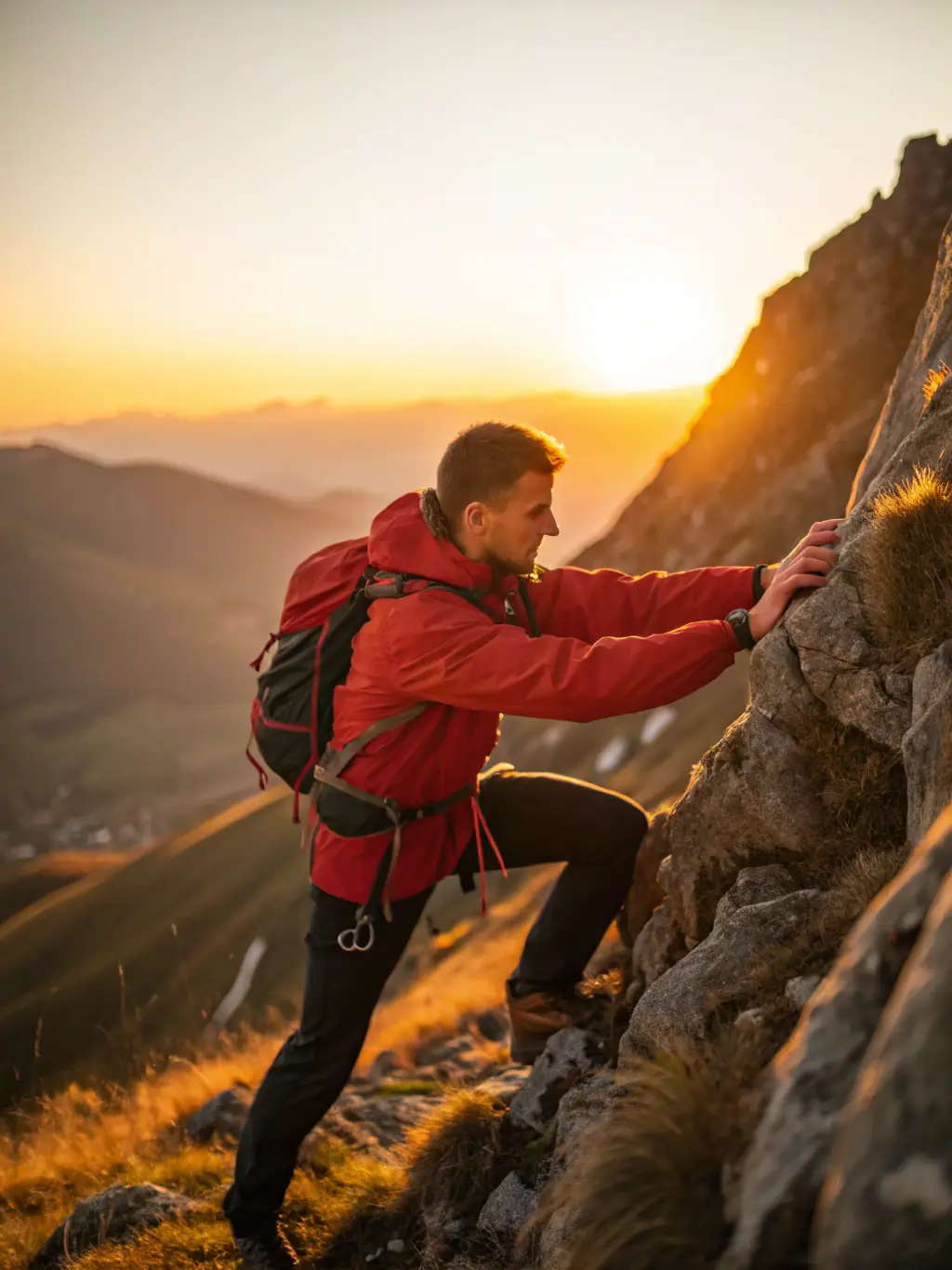 A photo of a man in his late 40s, looking strong and confident, hiking in a mountain landscape at sunrise. He is wearing athletic gear and has a determined expression.